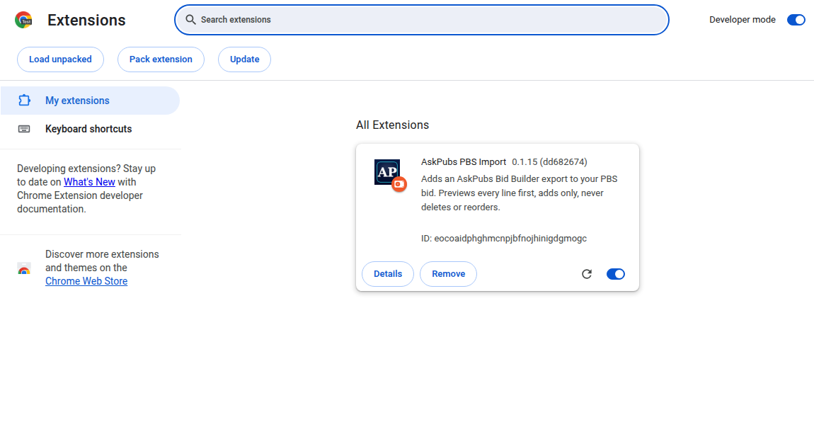 The AskPubs PBS Import card on Chrome's extensions page