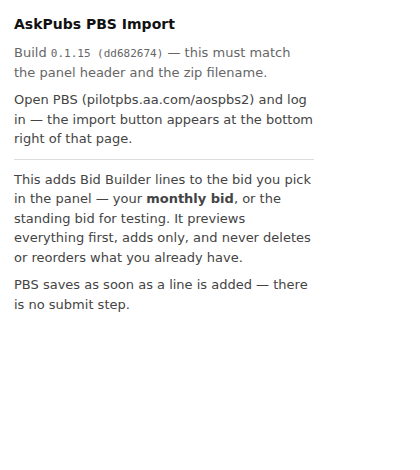 The AskPubs PBS Import popup, showing the version